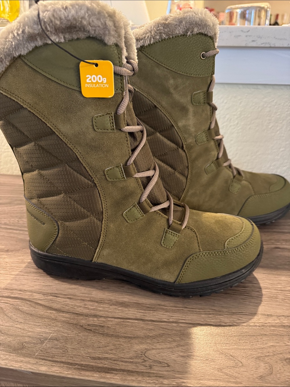 Columbia (RET $80) Olive Green Lace-Up Winter Boots with Faux Fur, Womens 11 - Picture 5 of 10